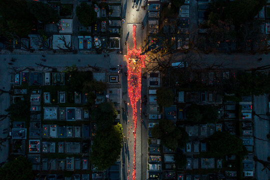 Aerial view of mirogoj cemetery illuminated by candles for All Saints Day, Zagreb, Croatia.