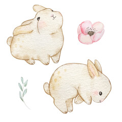 Watercolor cute Easter Bunny, nursery beige rabbit for spring design