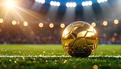 Golden soccer ball in a stadium symbolizing global football celebrations, awards like Ballon d'Or and international sports events