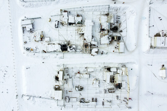 Aerial view of Lipa refugee camp covered in snow, Bihac, Bosnia and Herzegovina.