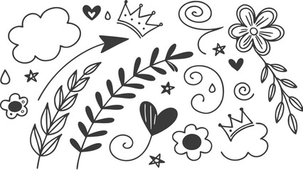 Decorative doodles. Hand drawn pointing arrow, outline shapes and doodle frames. Ink signs decoration ornament. line curved arrow, heart. circle sketch isolated vector illustration symbols set.