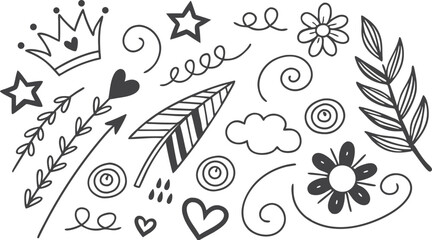 Decorative doodles. Hand drawn pointing arrow, outline shapes and doodle frames. Ink signs decoration ornament. line curved arrow, heart. circle sketch isolated vector illustration symbols set.