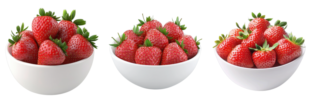 Three bowls of strawberries are shown