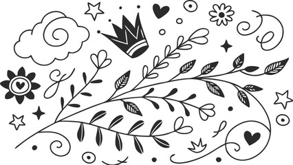 Decorative doodles. Hand drawn pointing arrow, outline shapes and doodle frames. Ink signs decoration ornament. line curved arrow, heart. circle sketch isolated vector illustration symbols set.