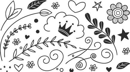 Decorative doodles. Hand drawn pointing arrow, outline shapes and doodle frames. Ink signs decoration ornament. line curved arrow, heart. circle sketch isolated vector illustration symbols set.