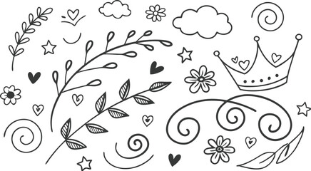Decorative doodles. Hand drawn pointing arrow, outline shapes and doodle frames. Ink signs decoration ornament. line curved arrow, heart. circle sketch isolated vector illustration symbols set.