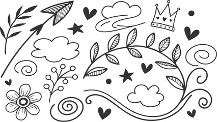 Decorative doodles. Hand drawn pointing arrow, outline shapes and doodle frames. Ink signs decoration ornament. line curved arrow, heart. circle sketch isolated vector illustration symbols set.