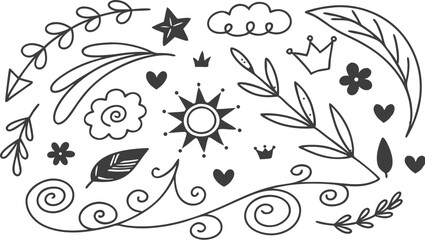 Decorative doodles. Hand drawn pointing arrow, outline shapes and doodle frames. Ink signs decoration ornament. line curved arrow, heart. circle sketch isolated vector illustration symbols set.