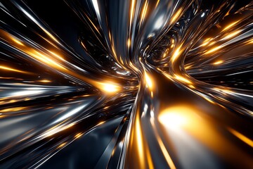 Abstract tunnel of light and chrome, futuristic motion, digital art