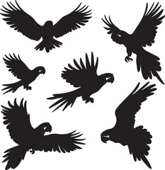 Obraz premium Parrot Silhouettes Vector: Black and White Illustration of Tropical Birds in Flight, Graphic Design Element for Wildlife and Nature Themes