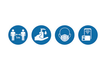 Safety precautions icons set social distancing hygiene and contactless payment
