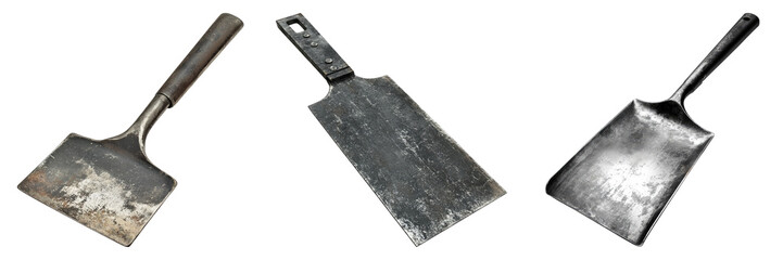 Three old rusty tools are shown in a row