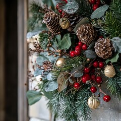 Festive Christmas wreath with pine cones, berries, and gold accents.