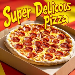 Close-up of a pepperoni pizza in a cardboard box.