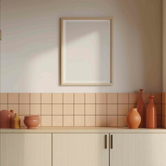 30 x 45 cm blank frame mockup on a wall in a kitchen with peachcolored tiles and pale orange cabinets vases in a terracotta color warm lighting a simple and