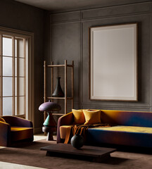 A Bold fusion of modern artistry and retro elegance in living room design. 3D illustration