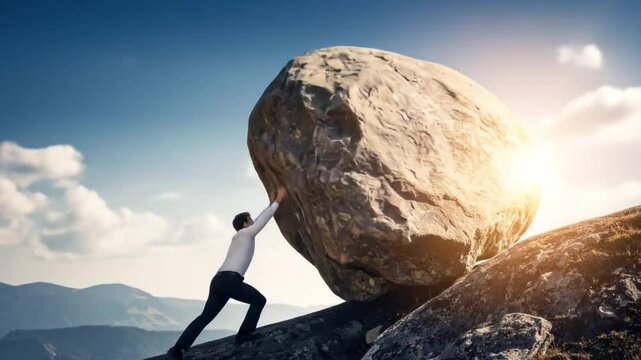 Businessman Pushing Large Rock On Mountain Top
