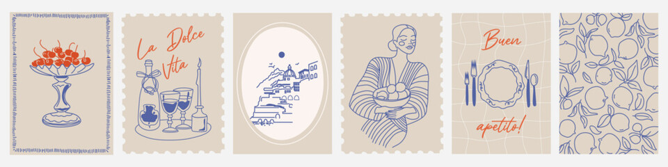 Italian Amalfi summer vacation doodle.Vector ink hand drawn Italy coastal sea and nature, lemons, wine and food elements. Illustrations in stamp frames. Ideal for prints or invitation card,  placard 