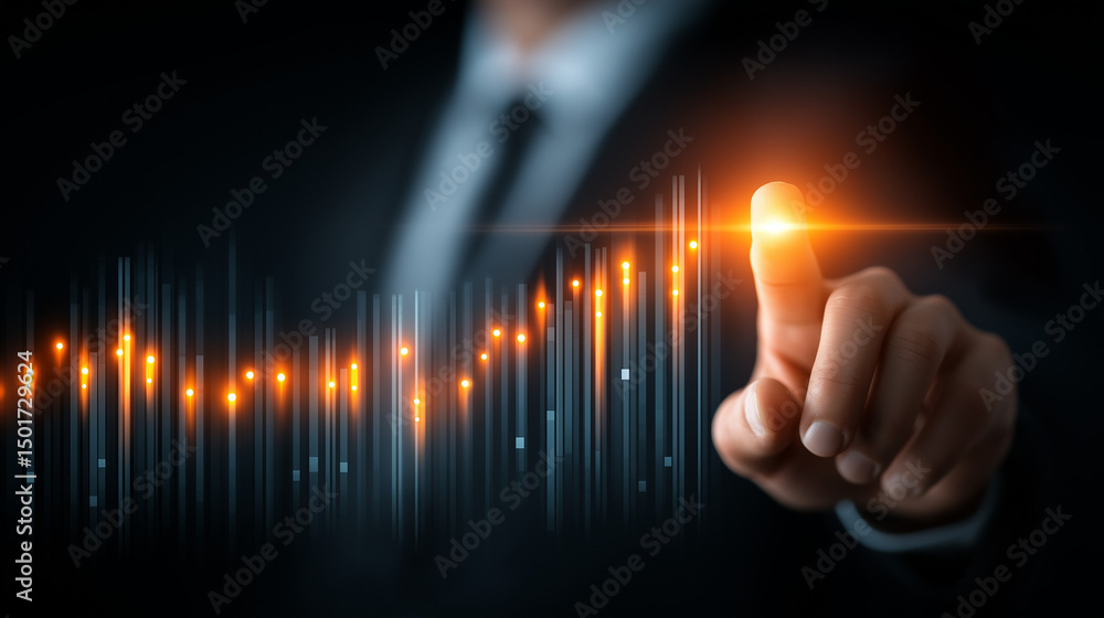 Poster navigating success: a close-up of a hand, poised to interact with a dynamic graph. this image embodi