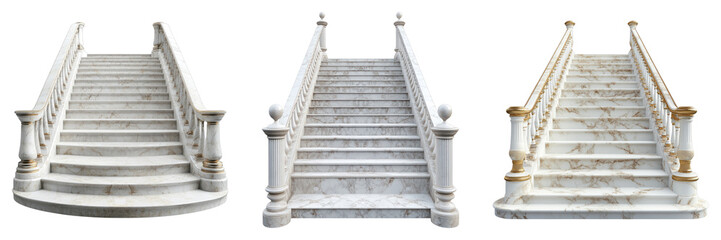Three sets of white marble stairs are shown in a row