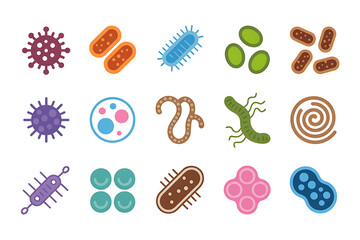 Colorful microbiology icons set bacteria viruses