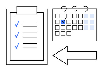 Clipboard with checklist, calendar with marked date, left arrow showing direction of progress. Ideal for planning, deadlines, organization, productivity, scheduling to-do lists workflow. Flat
