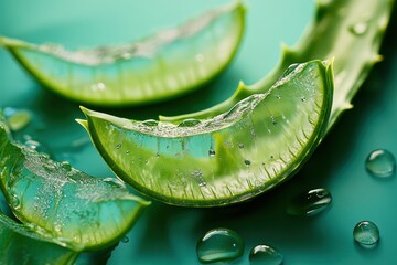 Fresh aloe vera slices glisten with moisture on a vibrant teal background in a natural setting