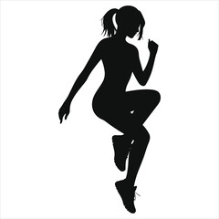 (Sneakers trainers)Active Woman in Dynamic Exercise Vector Silhouette/A strong, dynamic silhouette of a woman performing an exercise, likely a jump or plyometric movement.