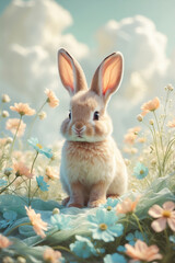 Sweet Baby Bunny in Blooming Meadow