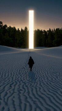 Silhouette marchant vers une porte lumineuse au milieu d&rsquo;un d&eacute;sert forestier au cr&eacute;puscule

