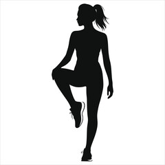 ( Sneakers trainers)Vector Silhouette of a woman stretching in sportswear./A simple, elegant silhouette of a woman performing a stretching exercise.