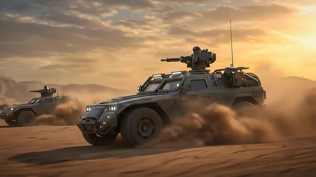 Military armored car in desert at golden hour	