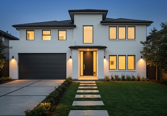 Modern house exterior at dusk. A new home with lights, sidewalk, lawn. For sale