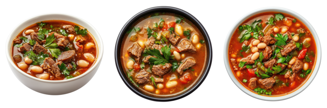 Three bowls of soup with beans and meat