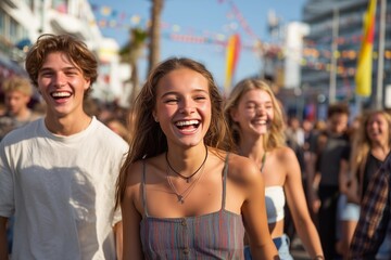 Fototapeta premium Diverse friends in vibrant Summer street fashion, laughing candidly in a sunny, generic fan zone. Bright fabrics, natural skin textures, and joyful interactions.
