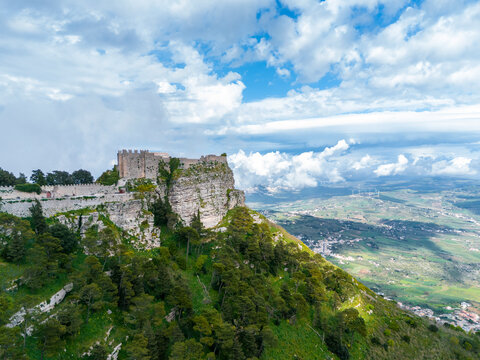 Aerial drone view of Castle of Balio in Erice, Trapani, Island of Sicily, Italy