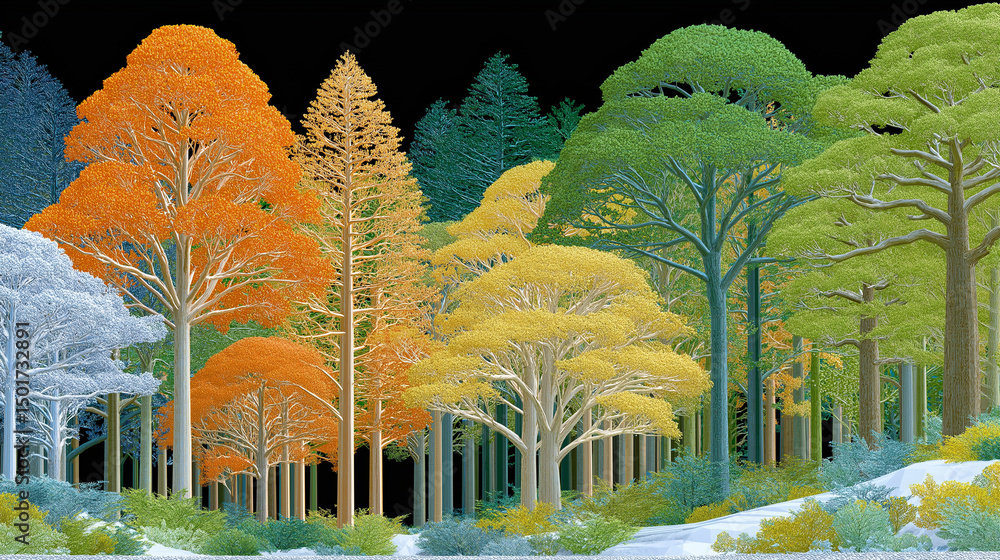 Poster evergreen forest: a colorful visual journey. the trees create a harmonious ensemble, highlighting th