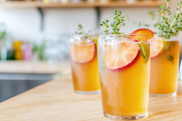 Craft Kombucha Drink with Fresh Fruit and Herb in Glass Jar