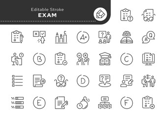 Exam and examination line icon set. Test, training, assessment, study, knowledge and skills testing, test work, final testing and more. Outline icon in linear style. Vector collection.	