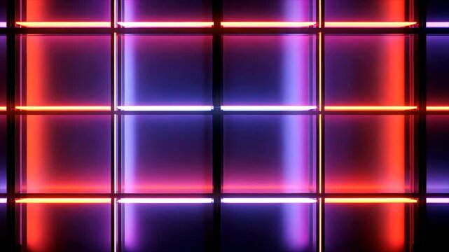 Abstract composition of geometric shapes illuminated by pink, orange, and purple neon lights. A visually striking, futuristic display