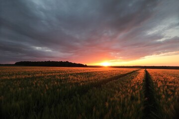 Sunset over the field of wheat,  Poland