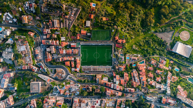 Aerial drone top-down view of football fields in Taormina, Island of Sicily, italy