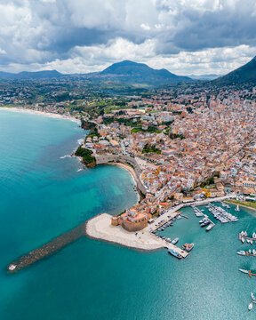 Aerial drone view of Castellammare del Golfo, Island of Sicily, italy
