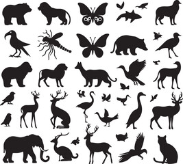 "Animal Silhouette Collection Set – Wildlife Vector Clipart with Birds, Deer, Elephants, and Bears"