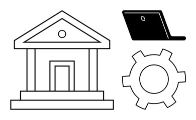 Government structure, laptop, and gear symbolizing collaboration between regulation, technology, and management. Ideal for governance, technology integration, digital transformation, policy