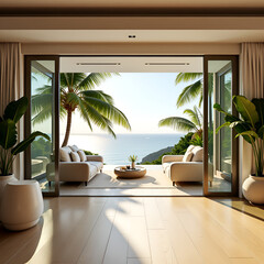 Fototapeta premium Luxurious tropical beach house interior with open living space and elegant decor leads out to a sunlit patio with a serene view.