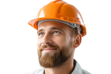 Confident worker in hardhat ready for construction challenges on a transparent background with ample copy space for branding