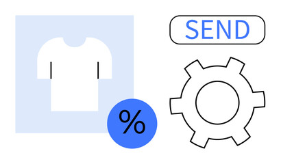 T-shirt icon in a blue square alongside percentage discount icon, gear shape for settings, and Send button. Ideal for e-commerce, sales, shopping, interface design, marketing, retail simple landing