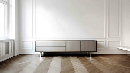 room with wooden parquet low cabinet in front of a large white wall minimalistic design Nordic style stainless steel foot symmetrical composition front view