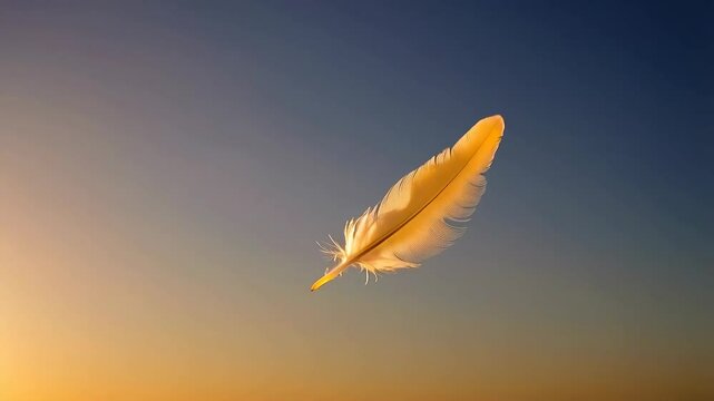 Golden feather drifting gracefully against a tranquil gradient sky at dawn or dusk, creating a sense of peace, freedom and lightness.